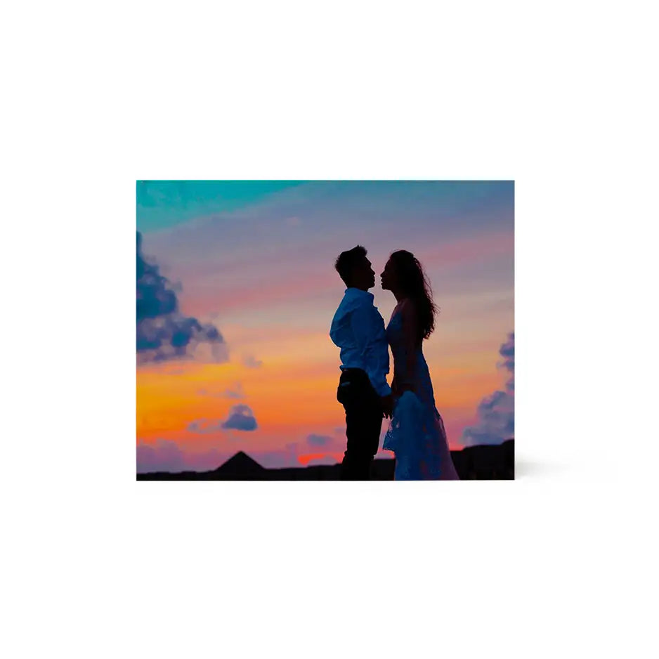 Silhouette of a couple at sunset on 8x10 wood print bright white design