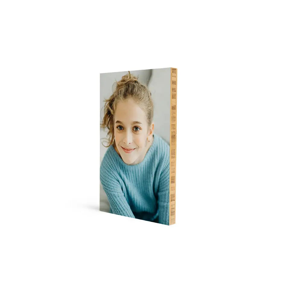 8x12 Bamboo Wood Print featuring a girl’s face on a wooden photo canvas