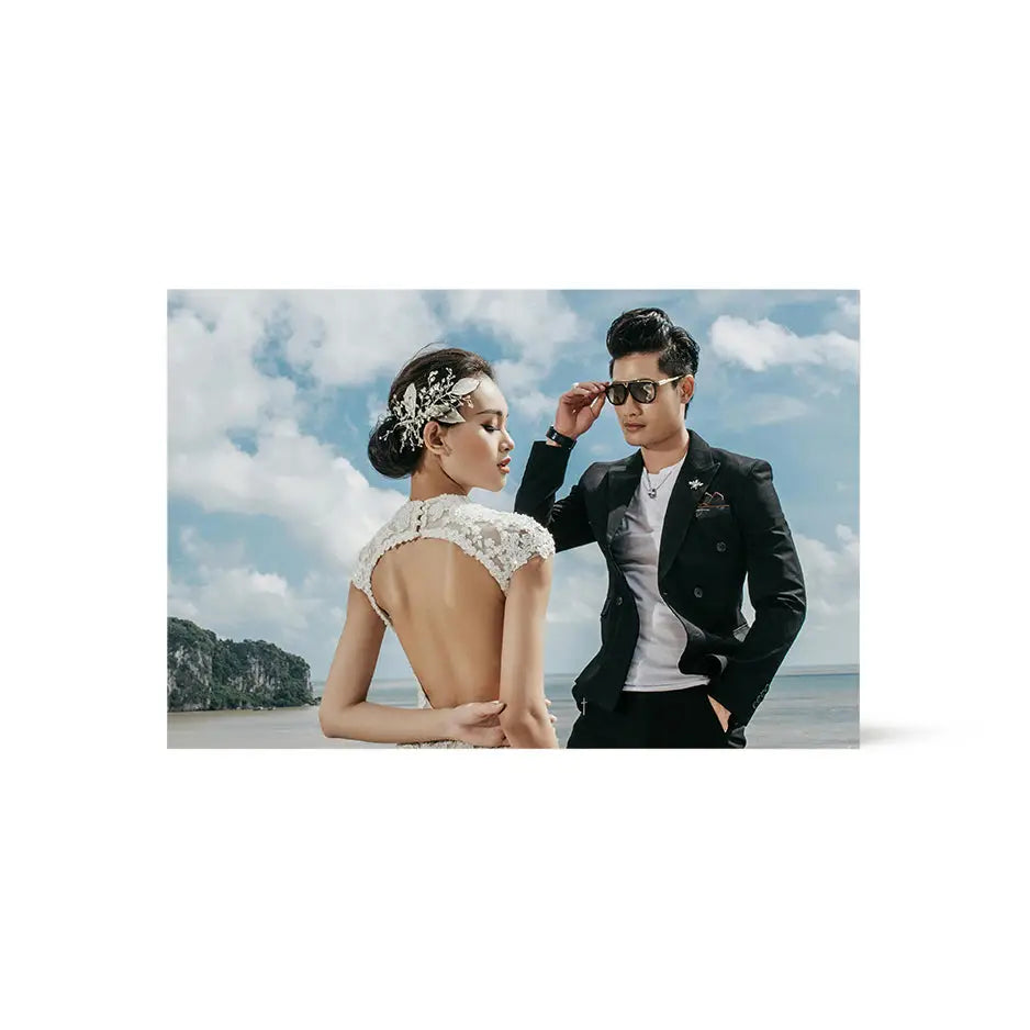 Man and woman in formal attire beside an 8x12 Birch Photo Mount Print