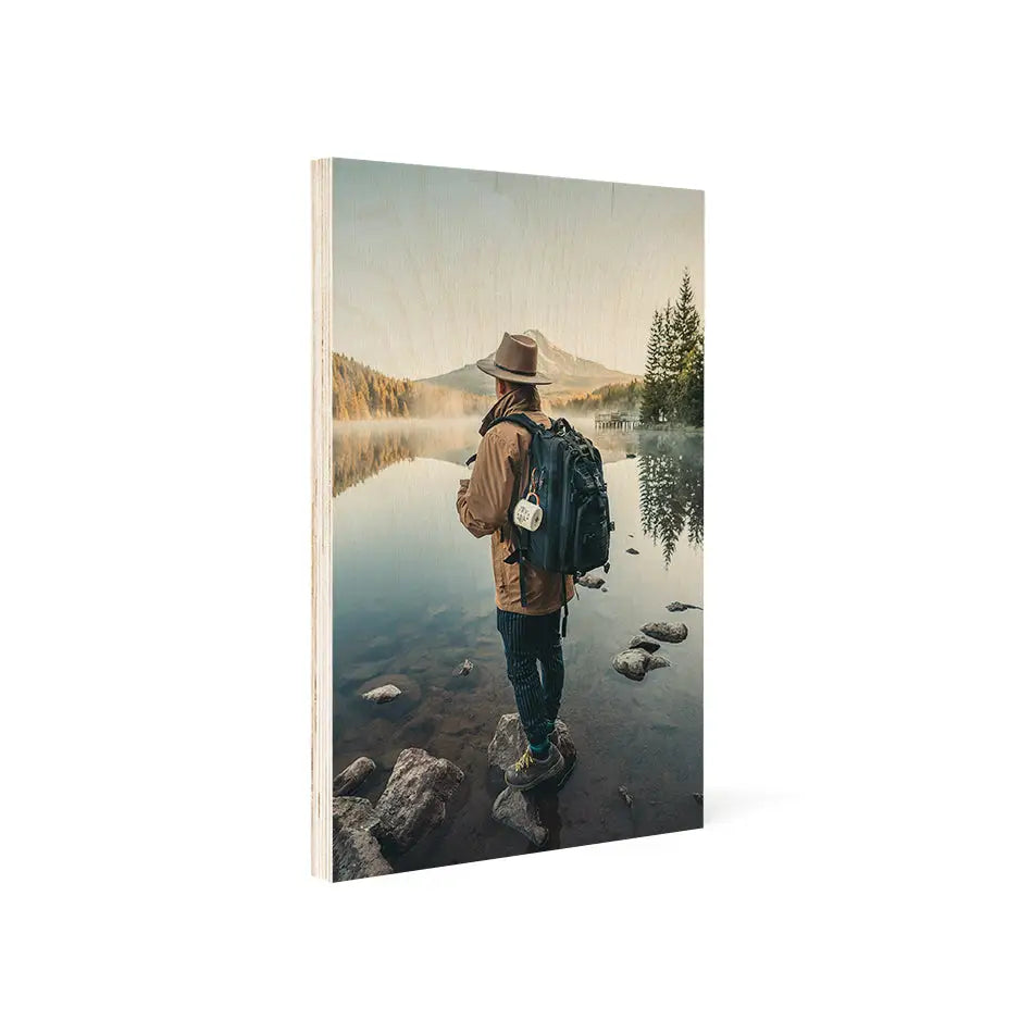 Man on rock gazing at lake in 8x12 Wood Print Vintage Matte decor