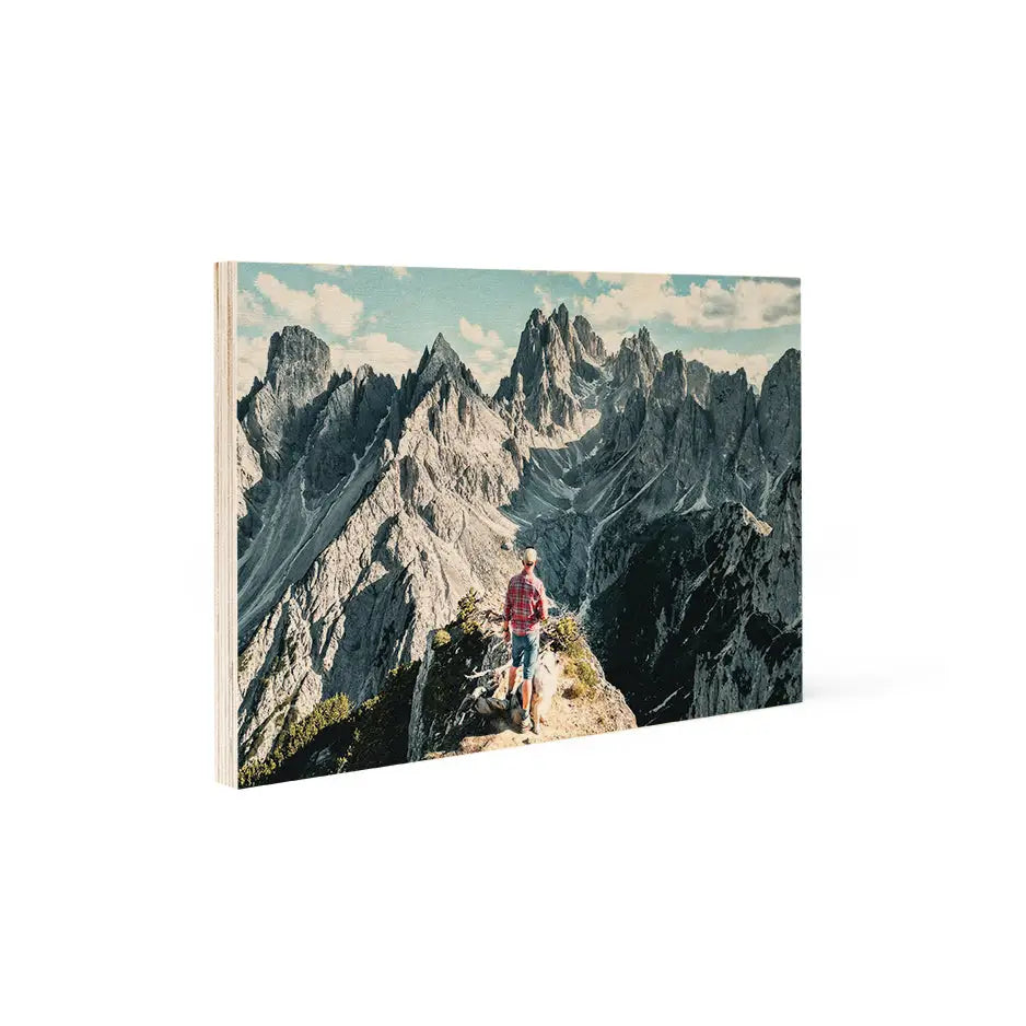 8x12 Wood Print Vintage featuring a book and a serene mountain scene background