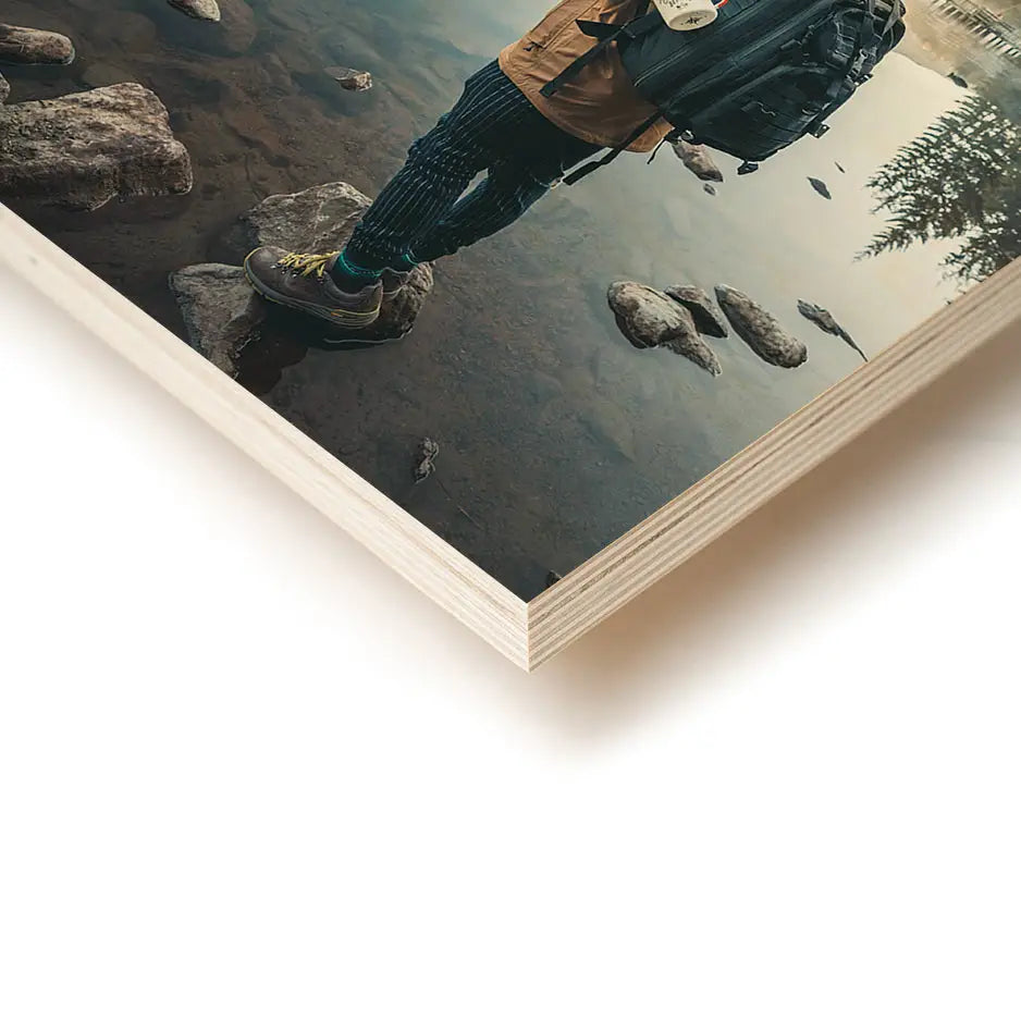 Man on a rock holding a fish in an 8x12 wood print vintage artwork