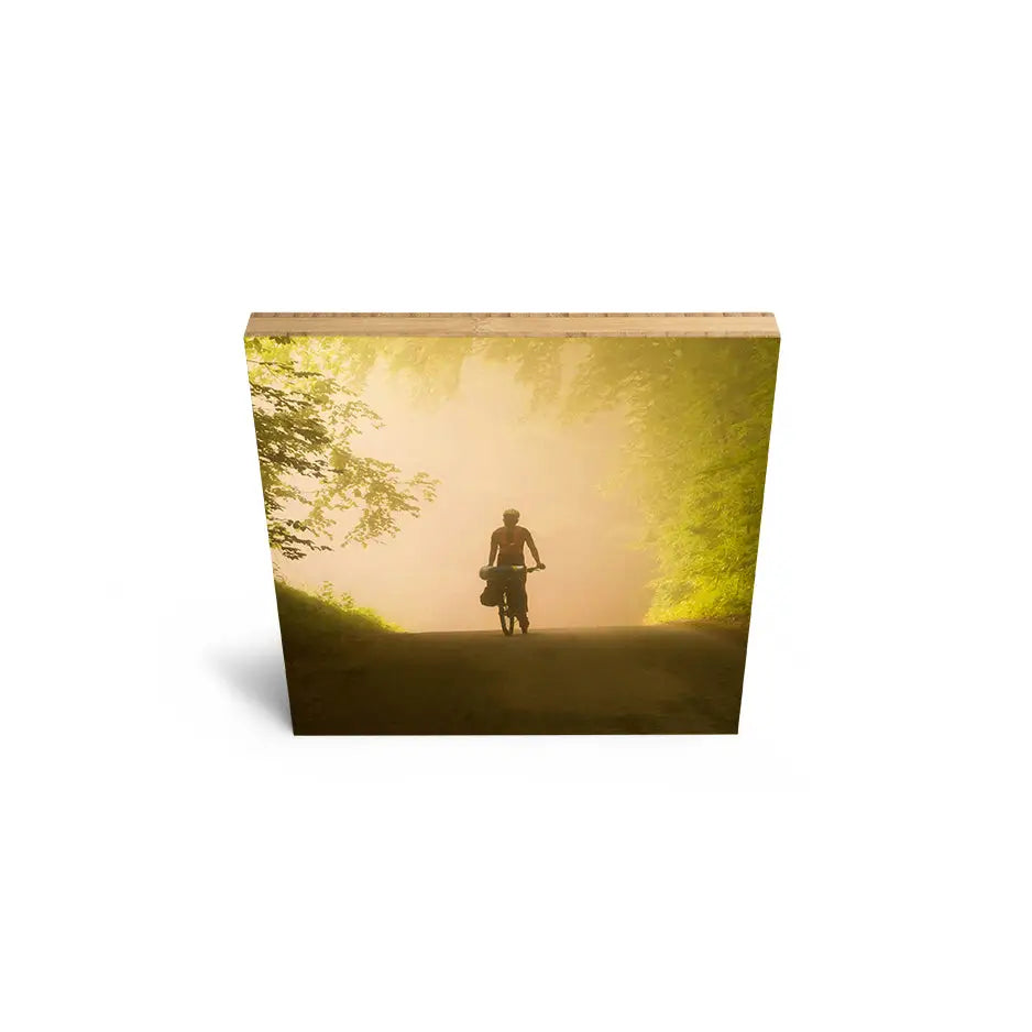 Person walking along a path on an 8x8 Bamboo Wood Print for nature lovers