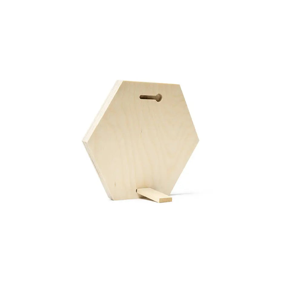 Wooden 8x8 hexagon birch photo mount with a central hole for easy display