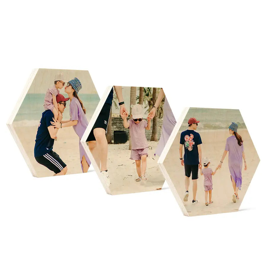 Group of people walking on the beach in 8x8 hexagon wood print collection