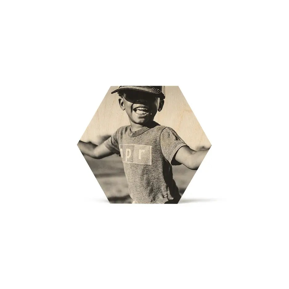 Young boy in a baseball cap on an 8x8 hexagon wood print vintage photo