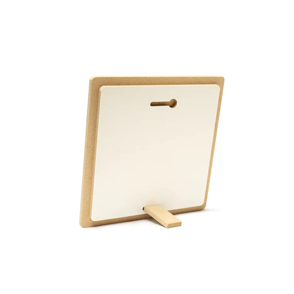 Wooden eraser and whiteboard on an 8x8 Photo Tile showcasing creative display options