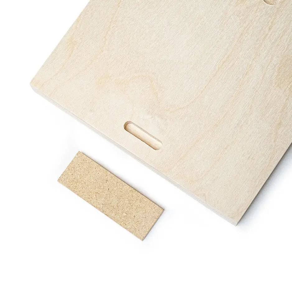 Wood cutting board with cork and 8x8 Wood Print Bright White design showcased