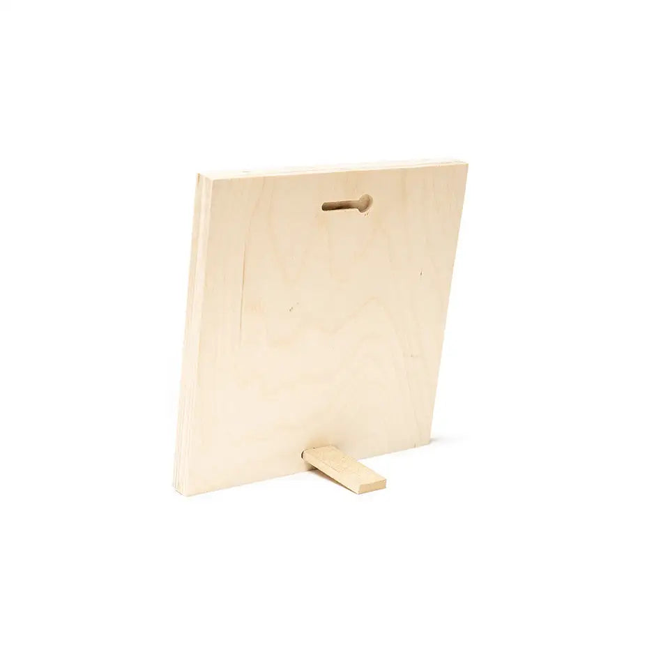 Wooden easel displaying 8x8 Wood Print Bright White on a clean white background