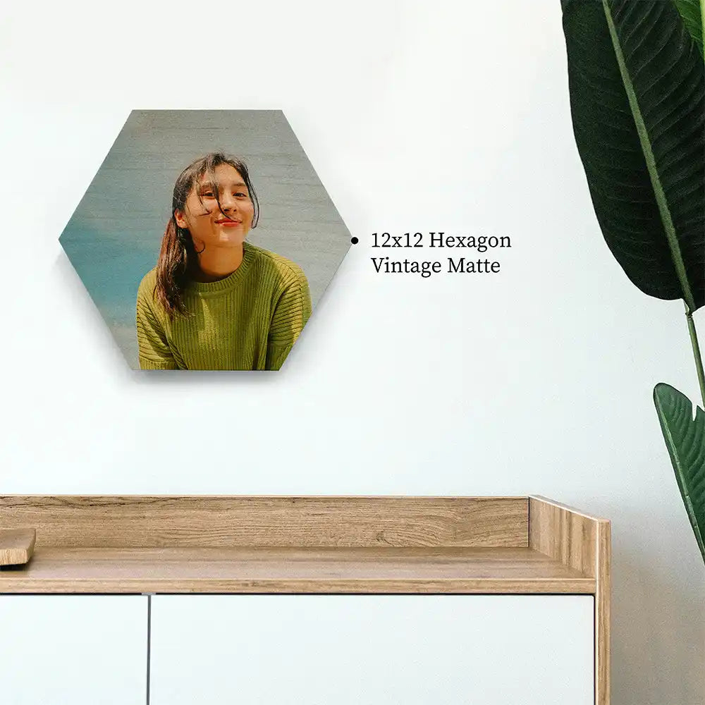 “Hexagonal vintage matte birch wood print on wall”