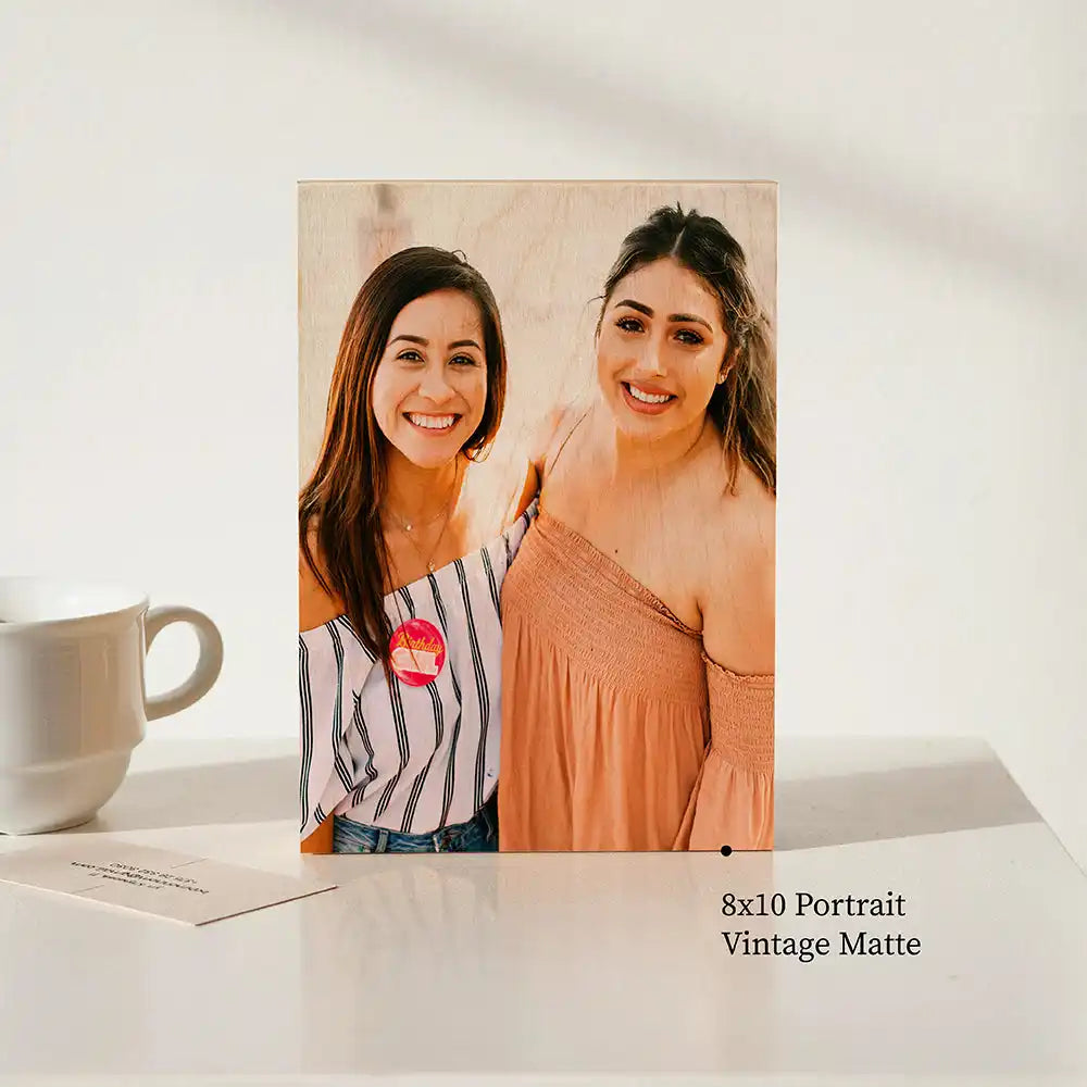 “Vintage matte finish birch wood print of two people in casual outfits”