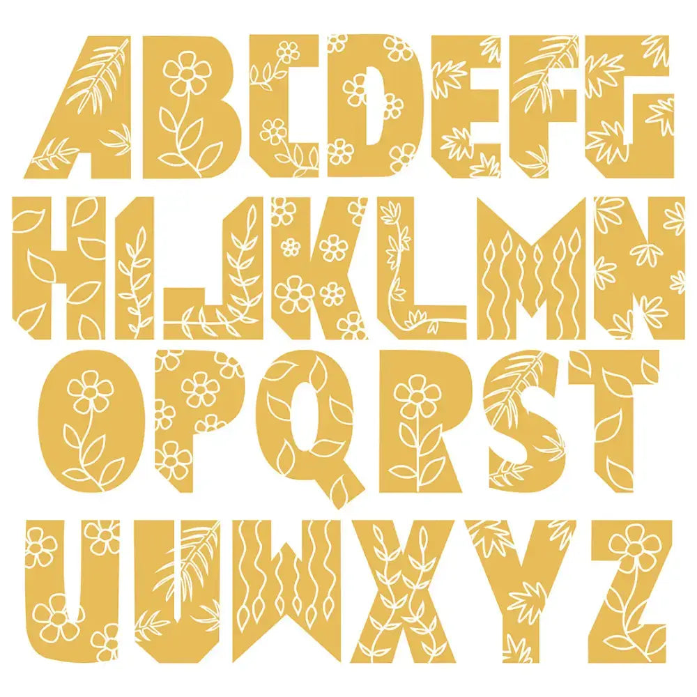 Floral and leaf-patterned sign letters in golden yellow for unique decor.