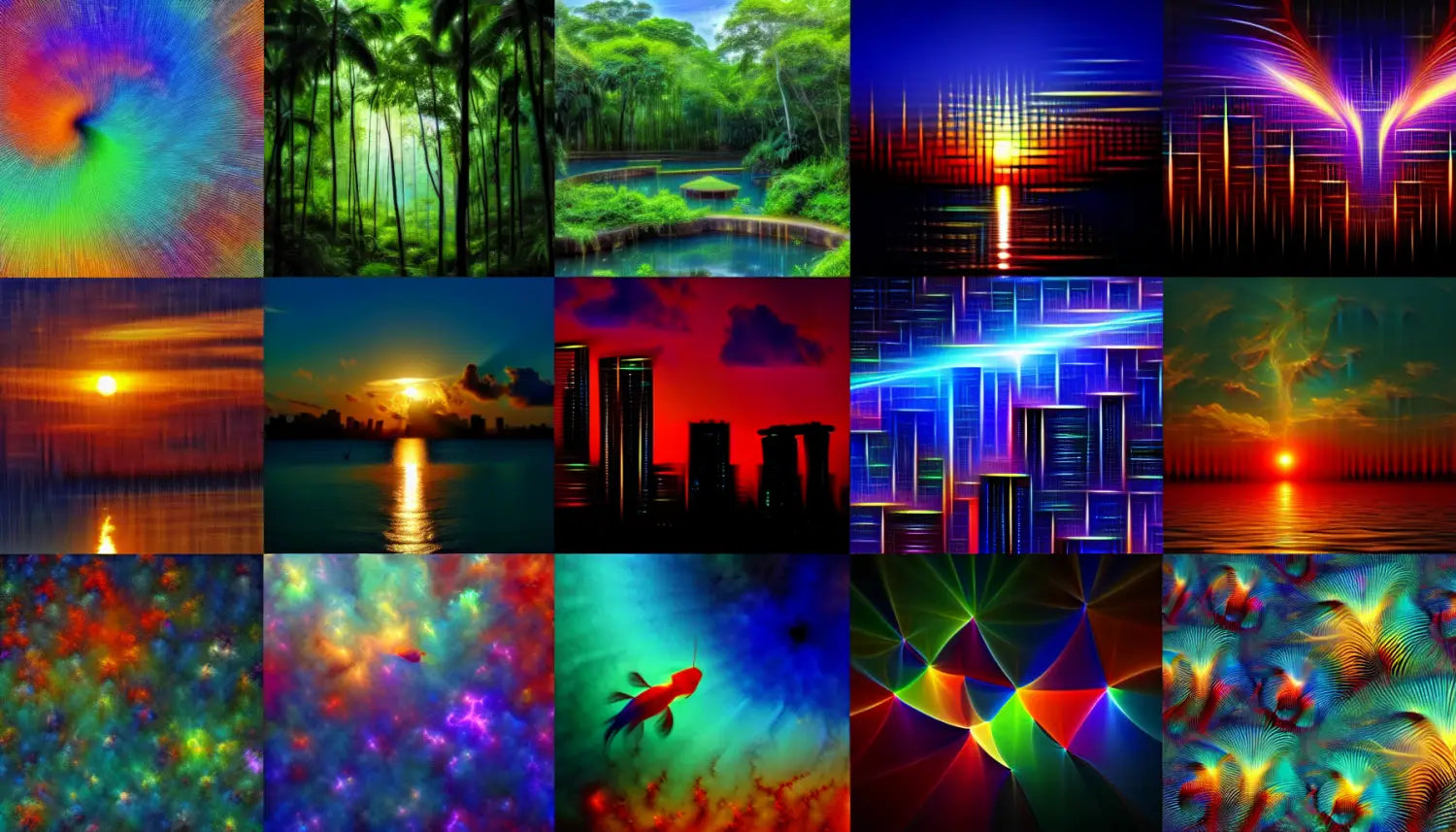 Assorted colorful abstract art displayed in an article about printing wood art.