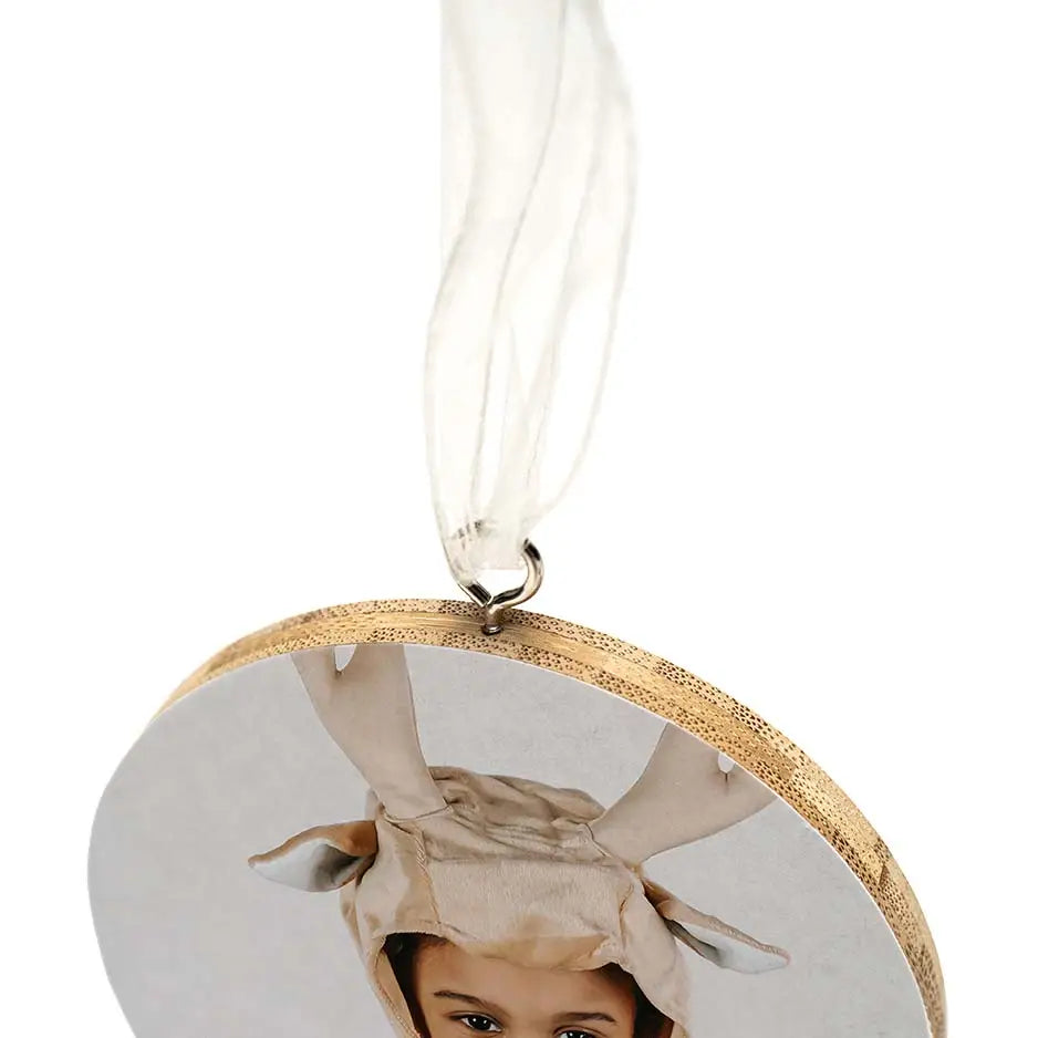 White and gold Bamboo Circle Ornament featuring a photo locket wood display