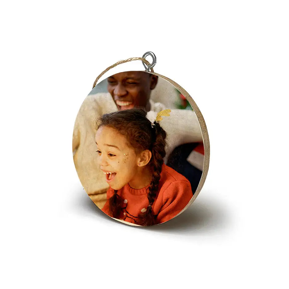 Bamboo Circle Ornament photo locket wood featuring two smiling people in a locket