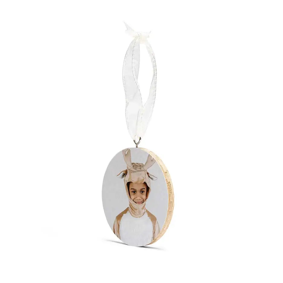 White and gold Christmas ornament with woman photo in Bamboo Circle Ornament 50%