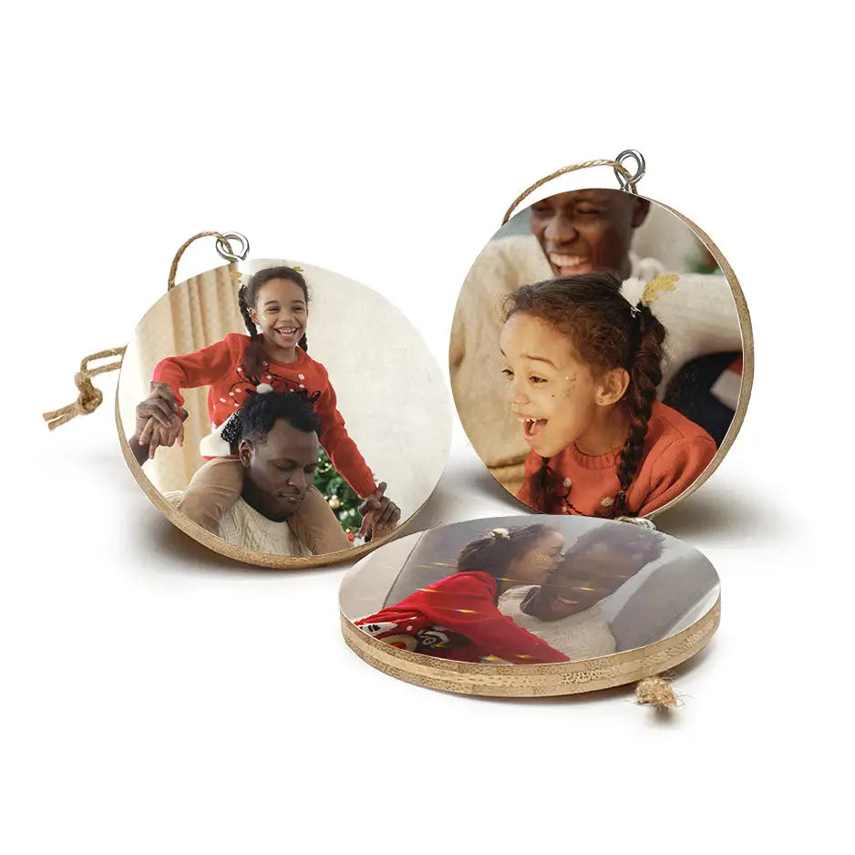 Bamboo Circle Ornament Set featuring circular photo ornaments and lockets with images inside