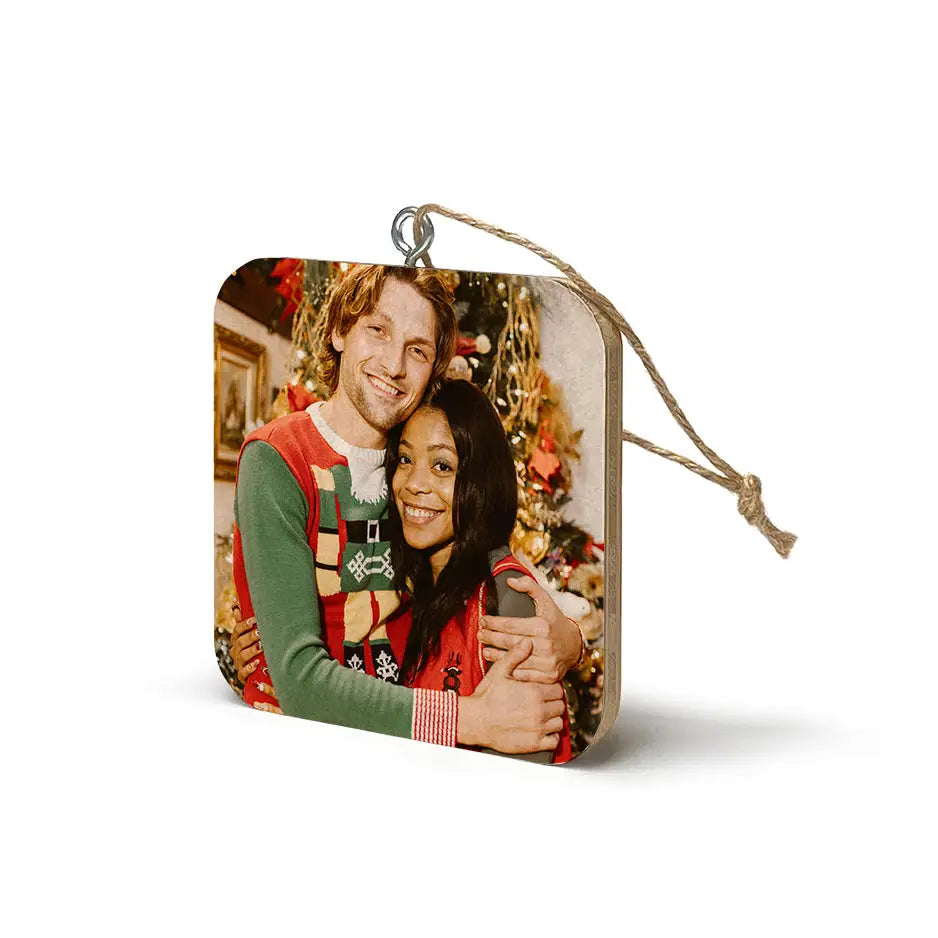 Christmas-themed bamboo square ornament with string, ideal for photo display and gifts