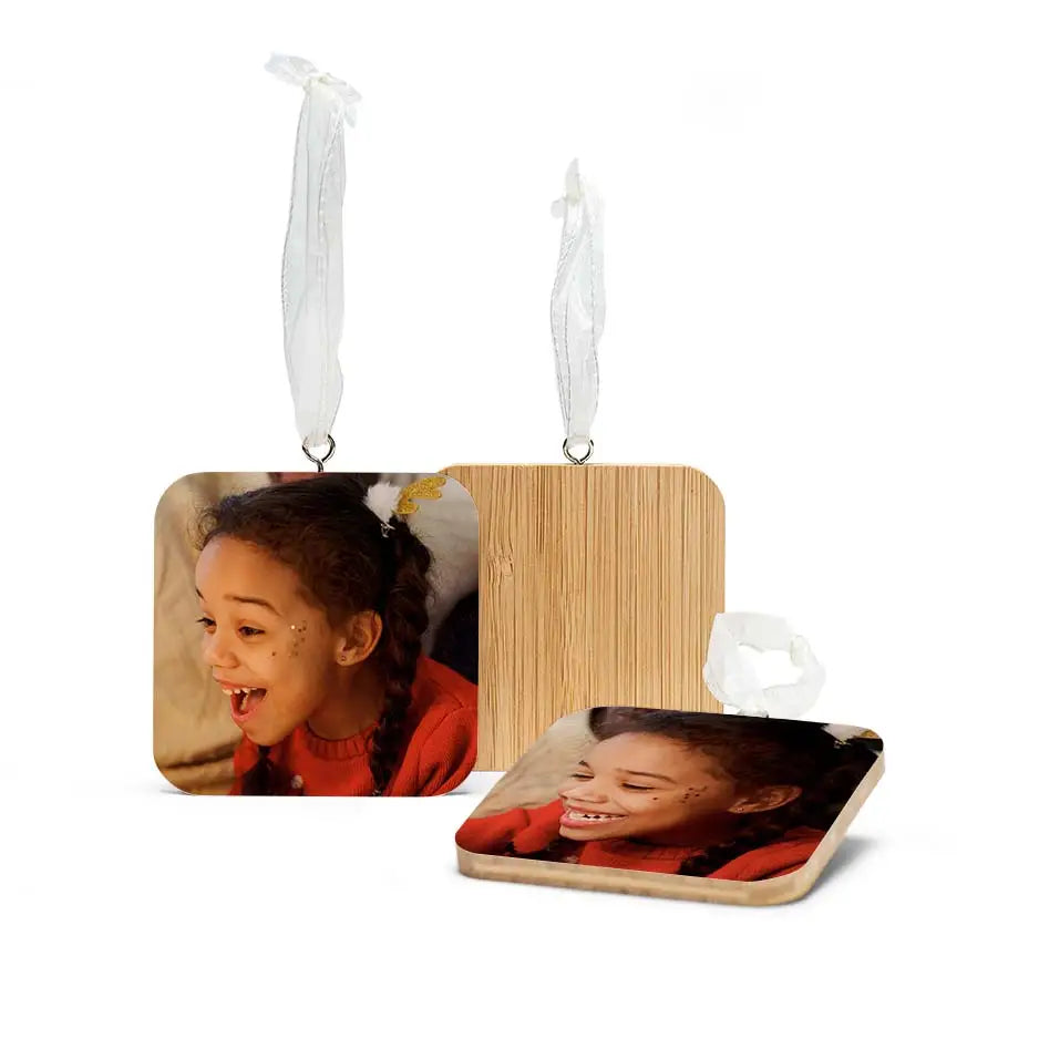 Wooden photo ornament with frame from Bamboo Square Ornament Set 50% displayed elegantly