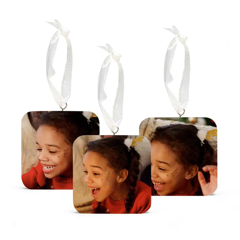 Bamboo Square Ornament Set featuring a child’s photo in each square ornament