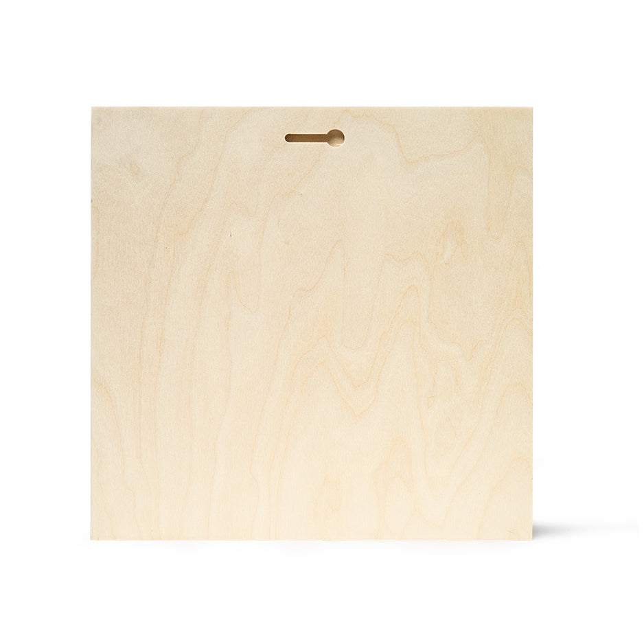 Plain beige wooden cutting board with hanging hole, featured in Birch Bright White Square Prints