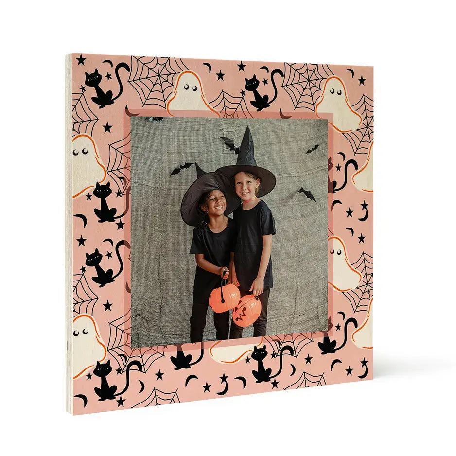 Halloween-themed photo locket in Birch Pattern Wood featuring children in cat ghost costumes