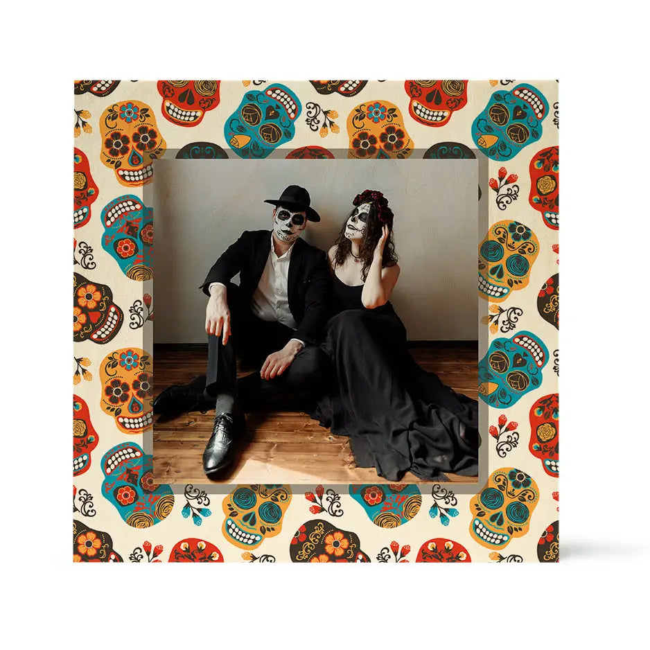 Framed photograph of couple in Day of the Dead makeup on Birch Pattern Wood Print