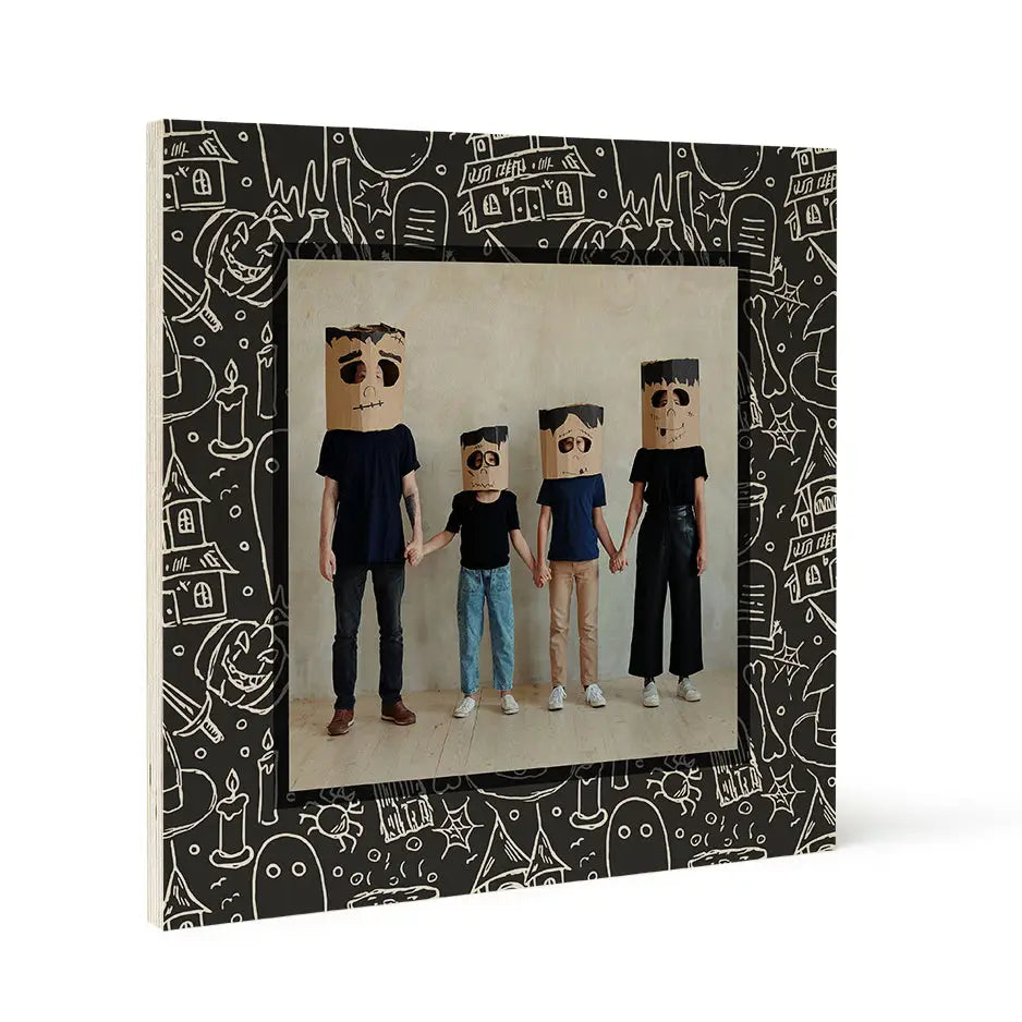 Framed cartoon figures in sunglasses on Birch Pattern Wood print - Chalk Ghost design