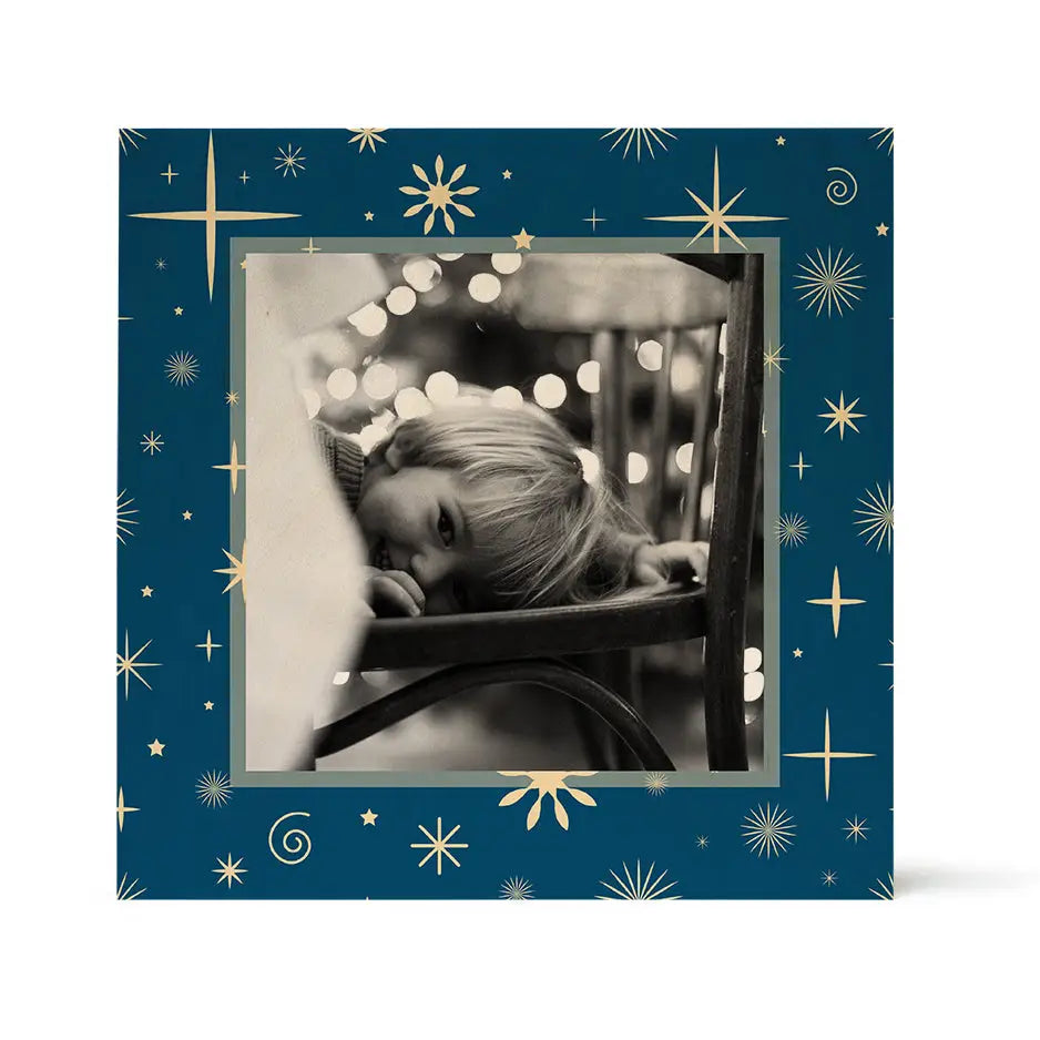 Framed black and white photo with blue border in Birch Pattern Wood Print Christmas Night Snowflake