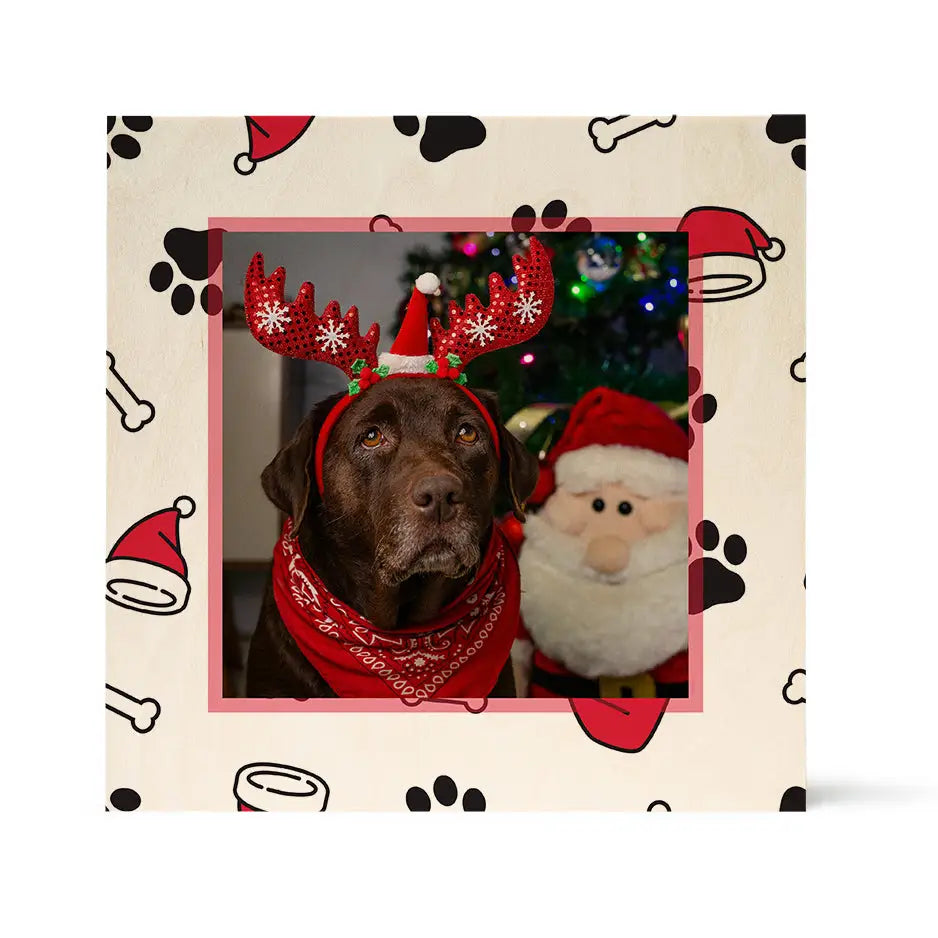 Chocolate Labrador in festive antlers with Santa Claus plush, Birch Pattern Wood Print