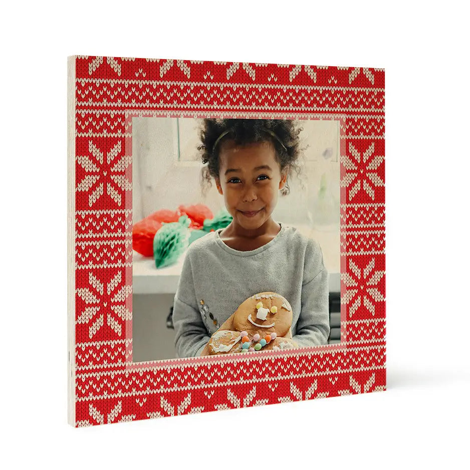 Framed photograph with festive knitted border of Birch Pattern Wood Christmas Snowflake Sweater