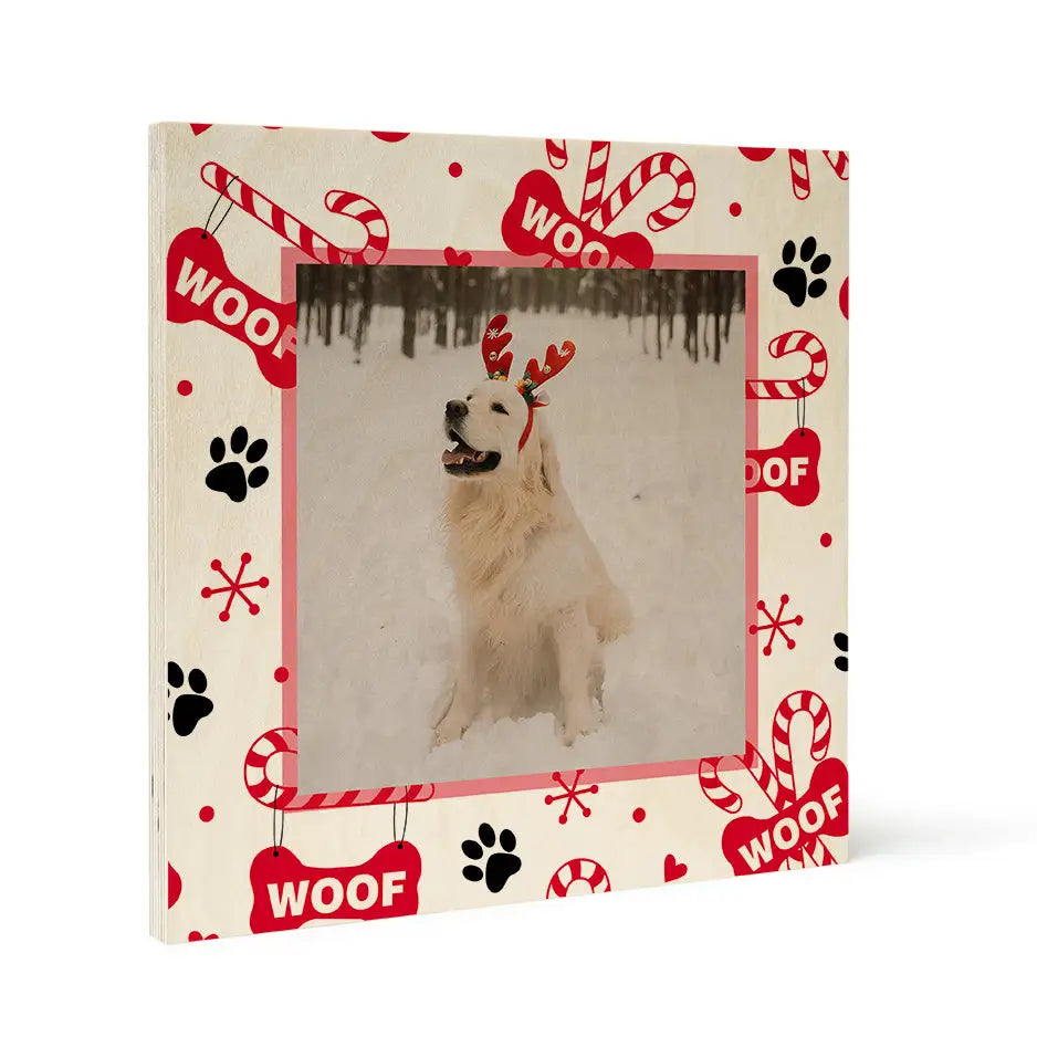 Framed photo of a white dog in reindeer antlers on Birch Pattern Wood Print