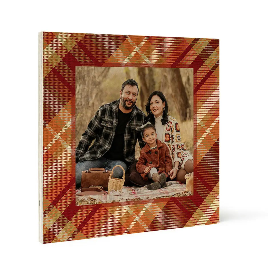 Framed family photograph with a plaid border in Birch Pattern Wood Print - Fall Plaid