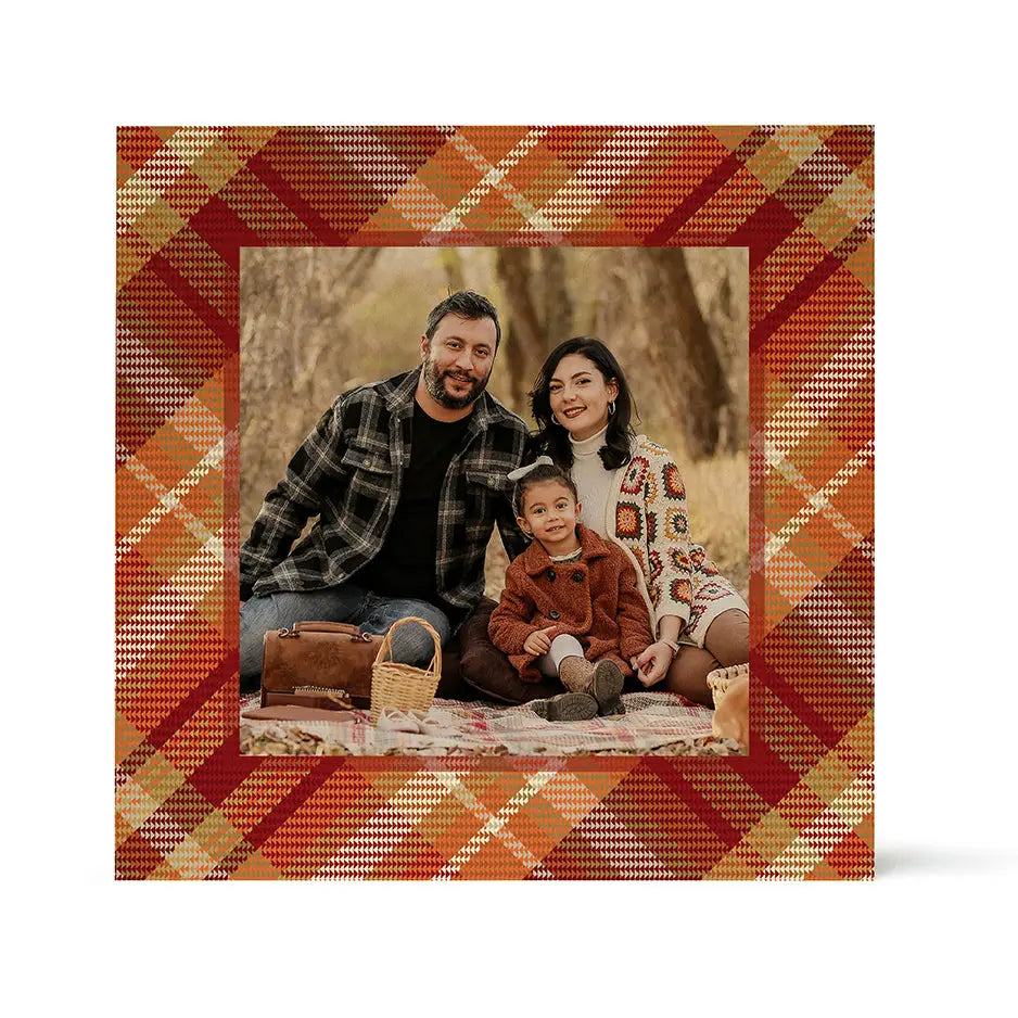 Framed family photograph on Birch Pattern Wood Print, Fall Plaid design picnic scene