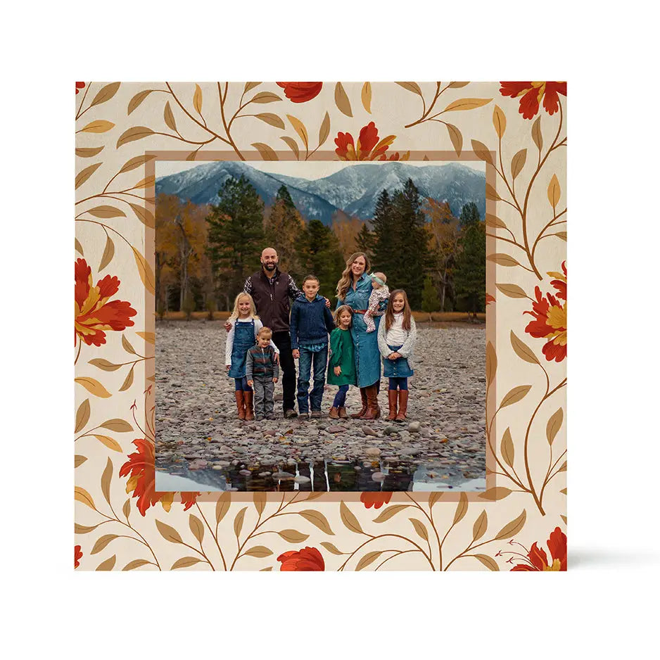 Family photo framed by autumn leaves in Birch Pattern Wood Print - Fall Tan Floral