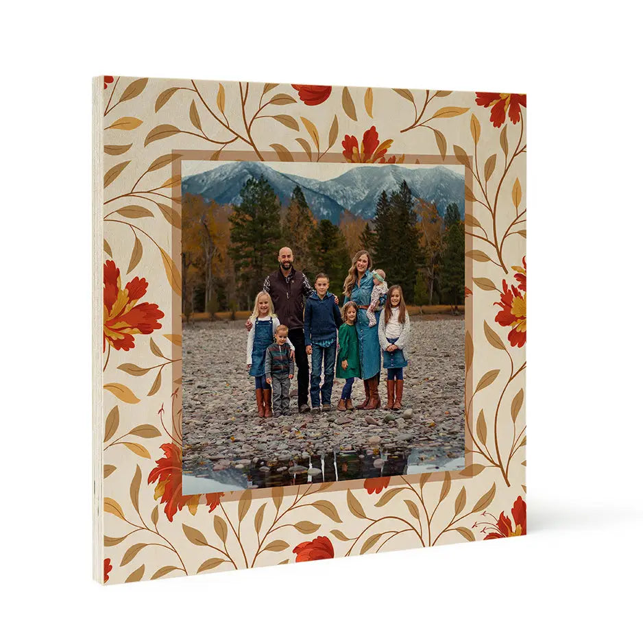 Family photograph in a decorative floral border on Birch Pattern Wood Print - Fall Tan Floral