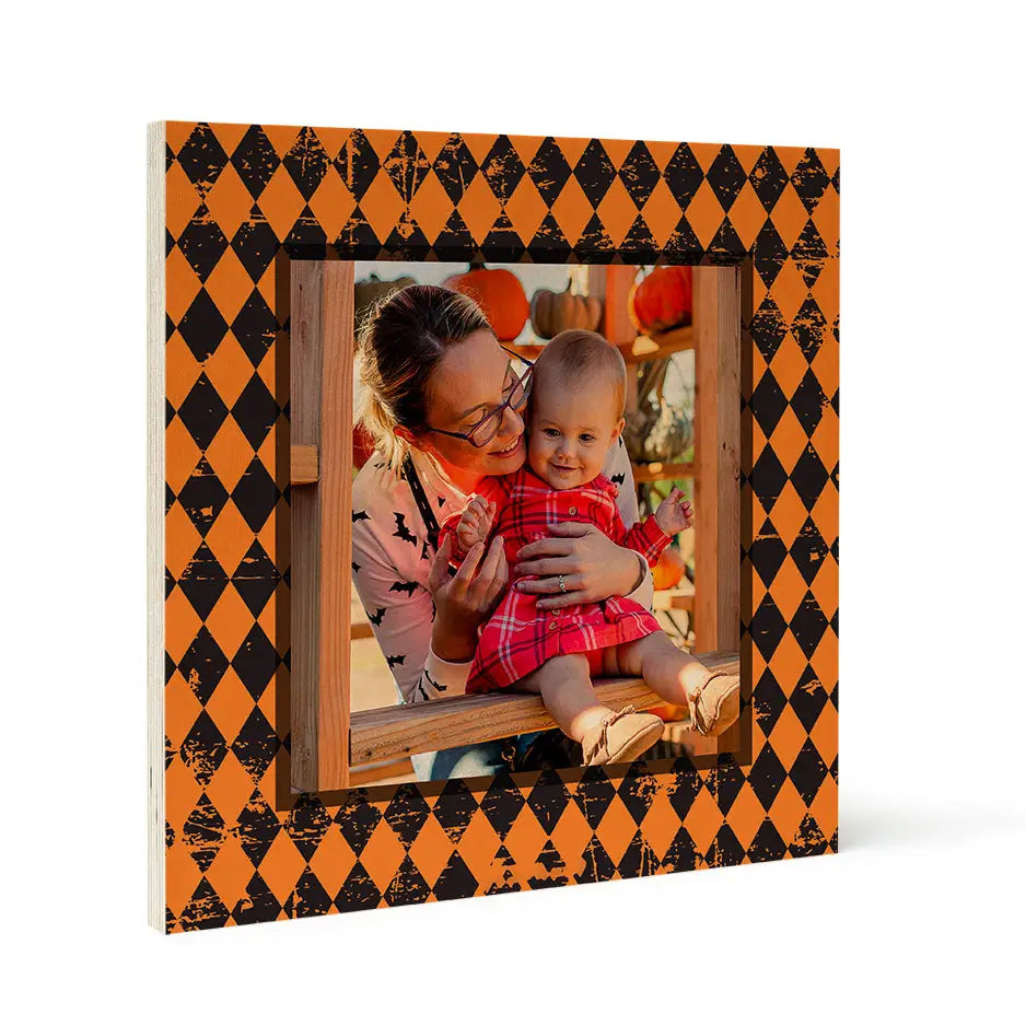 Framed photograph with orange checkered border showcasing Birch Pattern Wood design