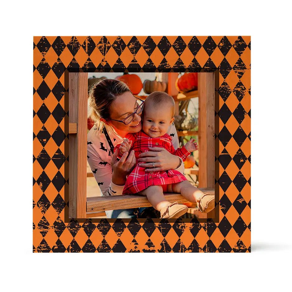 Framed photograph of a woman with baby in Birch Pattern Wood Print - Orange Checkered design