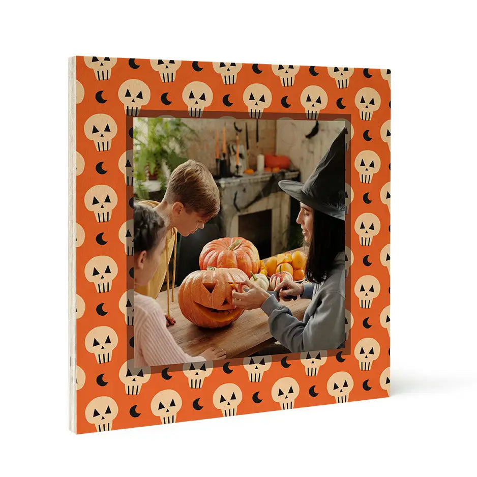 Halloween-themed photo frame featuring skull pattern and children carving pumpkins, Birch Pattern Wood