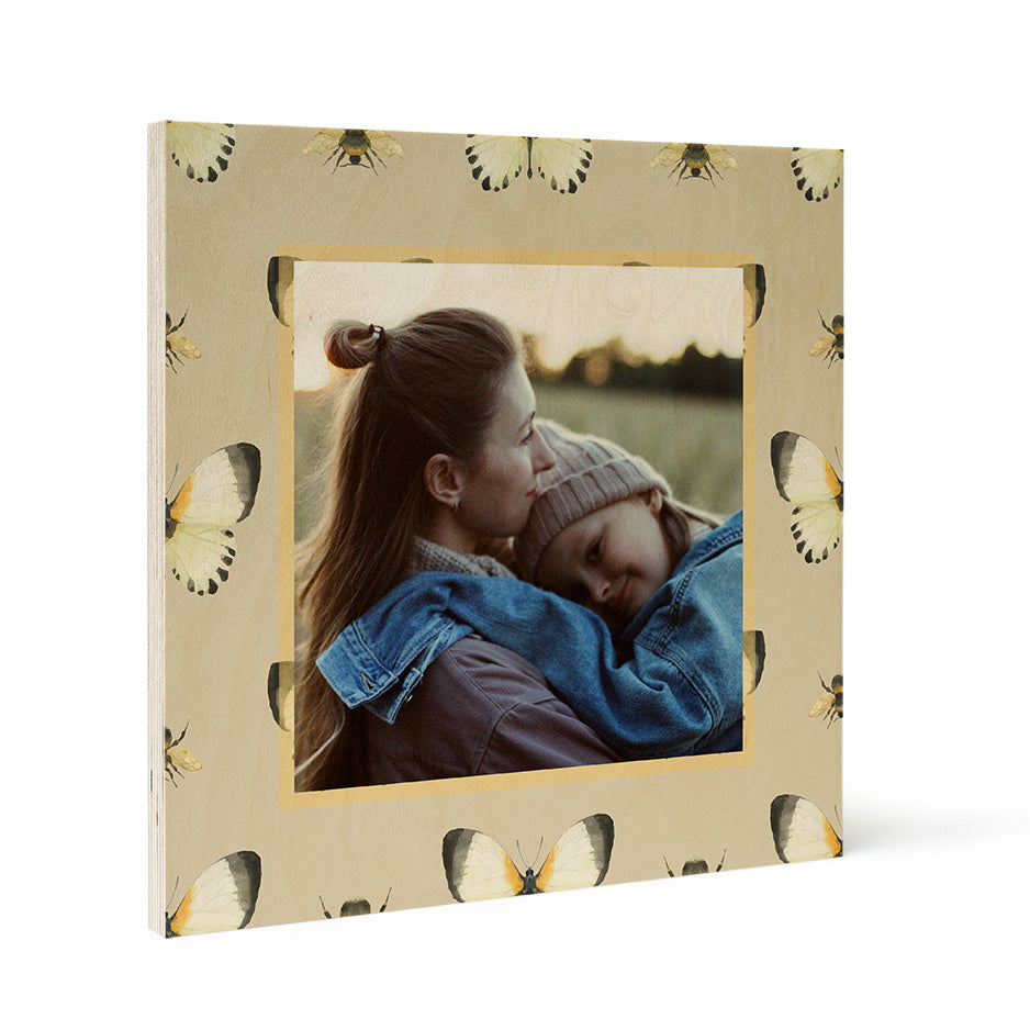 Square photo frame featuring a Spring butterfly and bee pattern on Birch wood print