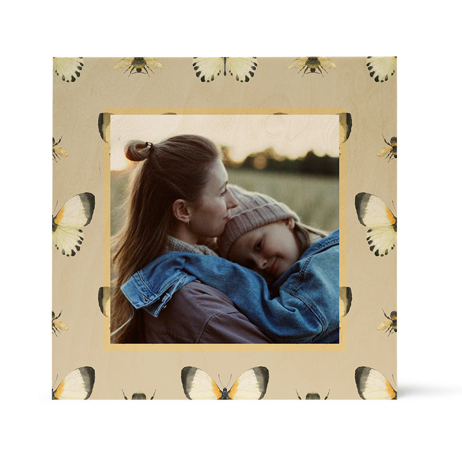 Square photo frame featuring a Butterfly and Bee pattern in Birch Pattern Wood Print