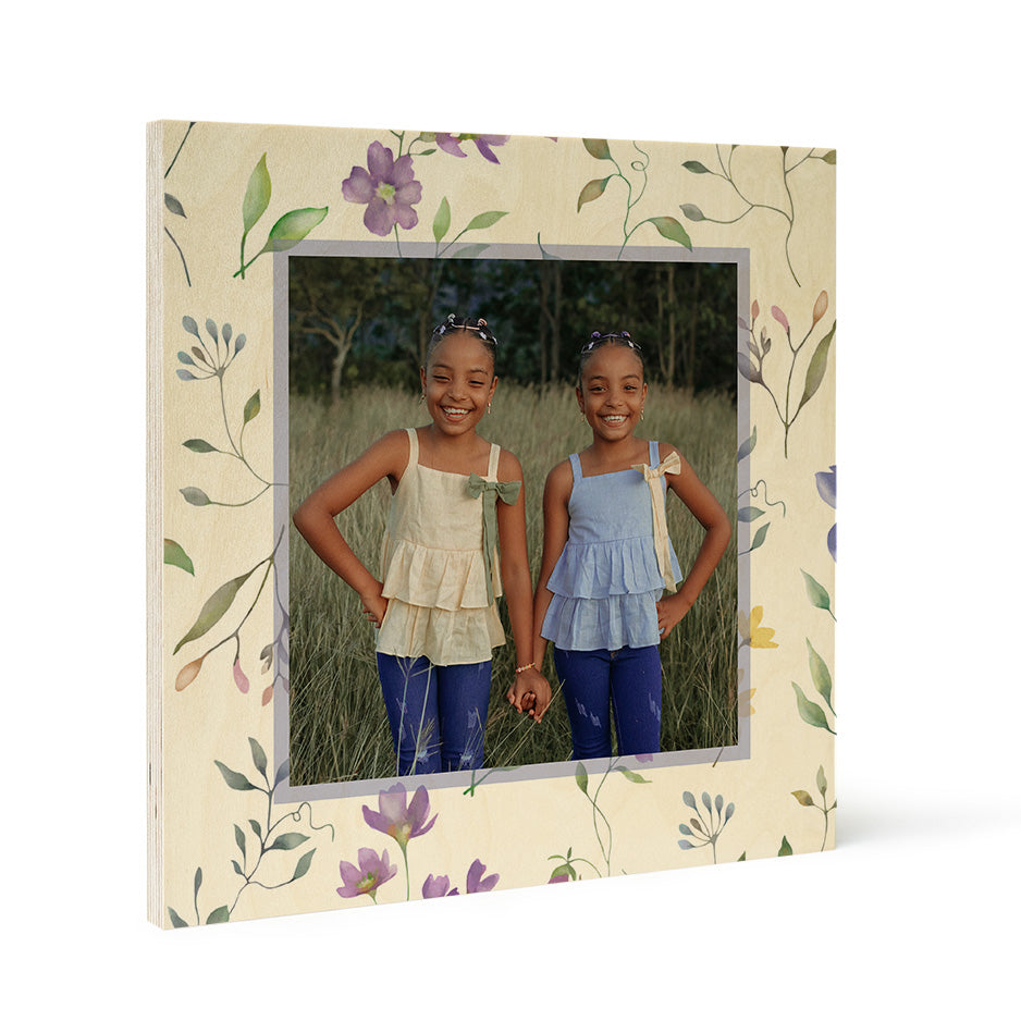 Floral-bordered photo frame featuring twin girls in Birch Pattern Wood Print design