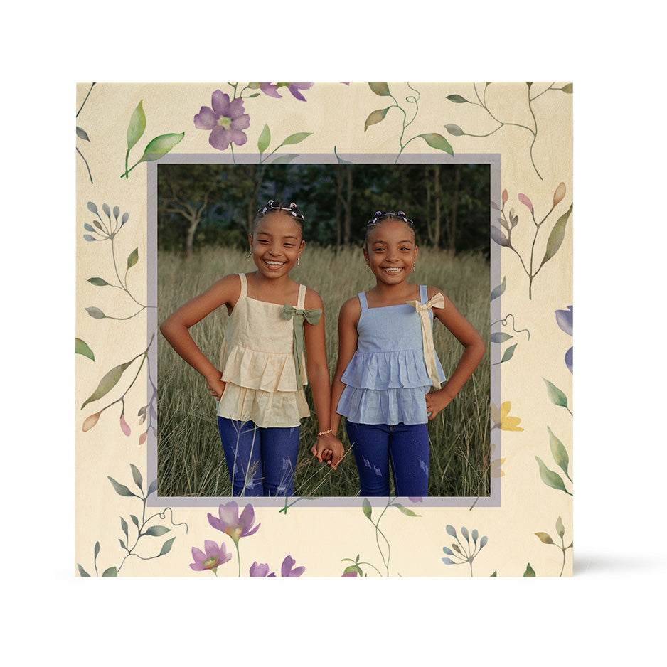 Floral-framed photo of twin girls on Birch Pattern Wood Print - Spring Flower design