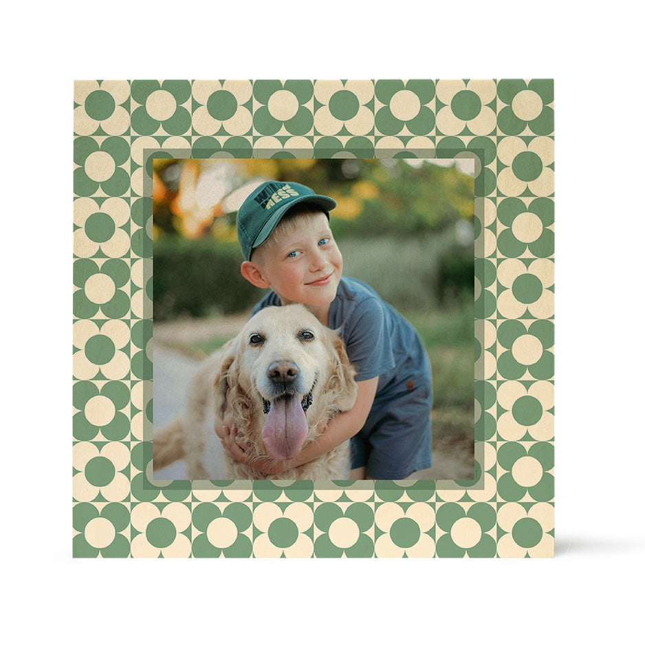 Square photo frame with floral pattern in Birch Pattern Wood Print - Spring Green Checkered