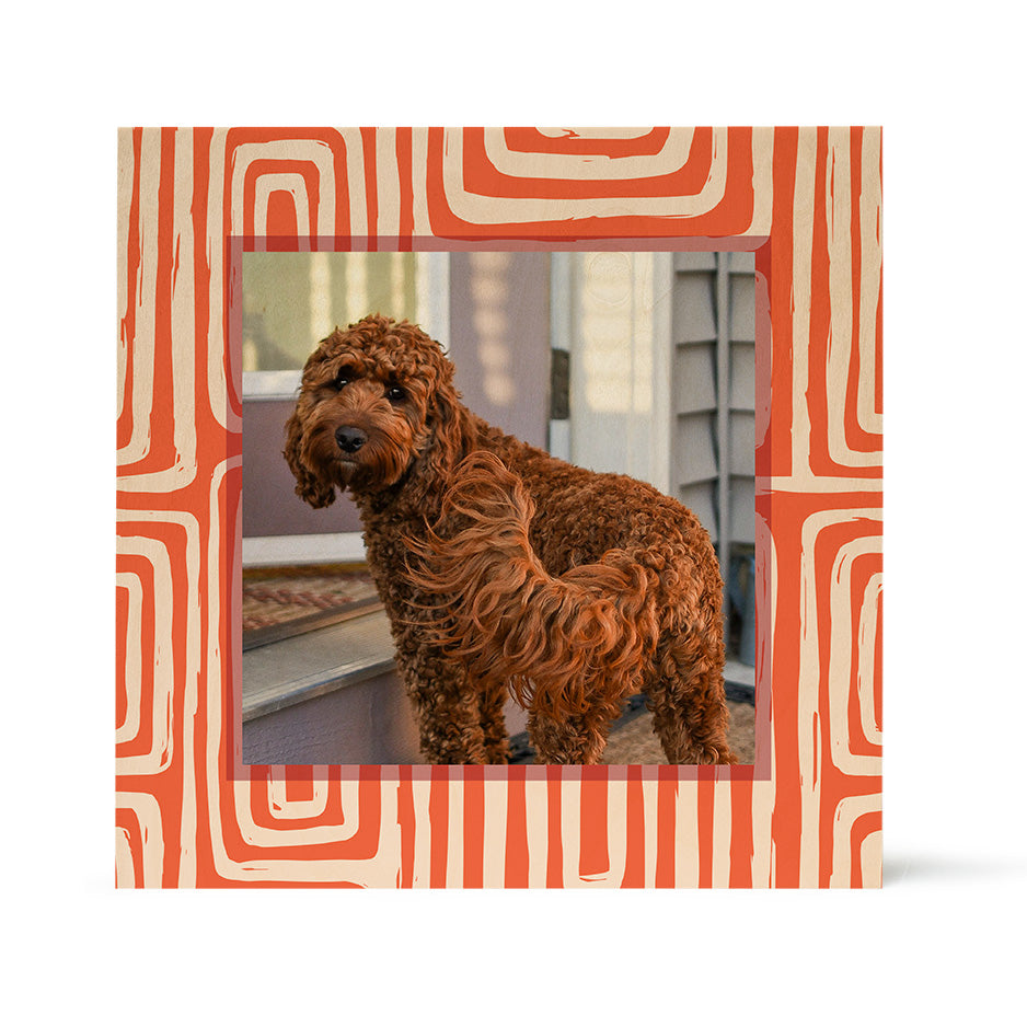 Square patterned photo frame featuring a dog in Birch Pattern Wood Print design