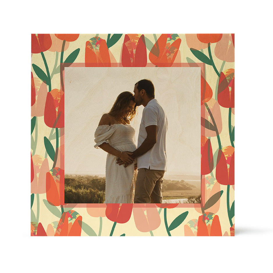 Floral-framed maternity photo on Birch Pattern Wood Print featuring Spring Tulip design