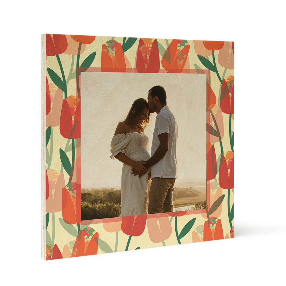 Square photo frame featuring a vibrant tulip pattern in Birch Pattern Wood Print design