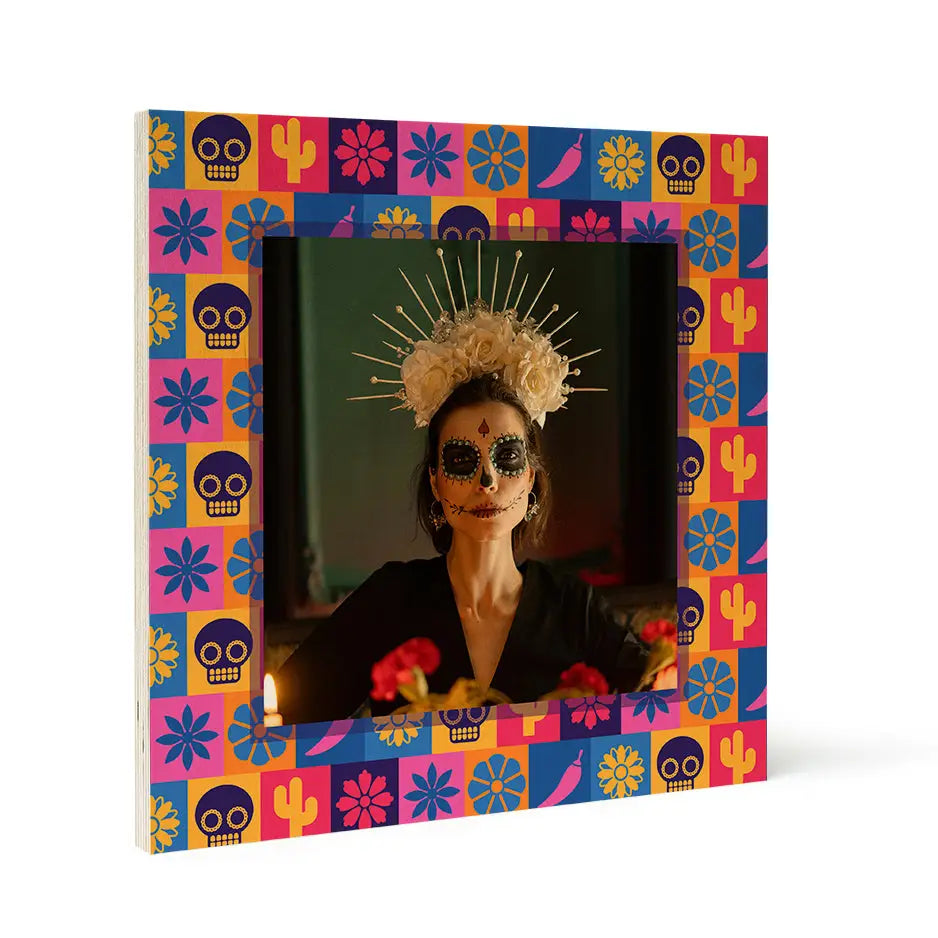 Framed photograph of woman in Day of the Dead makeup on Birch Pattern Wood Print Sugar & Spice