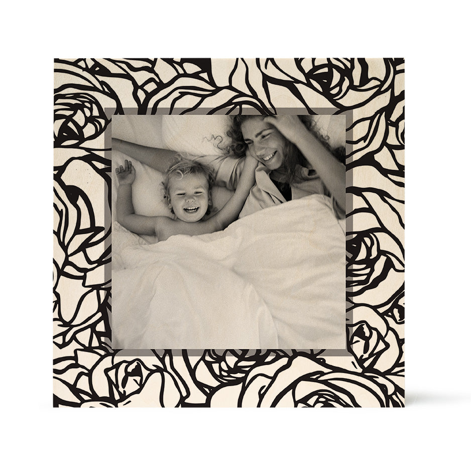 Black and white photo with rose frame in Birch Pattern Wood Print design