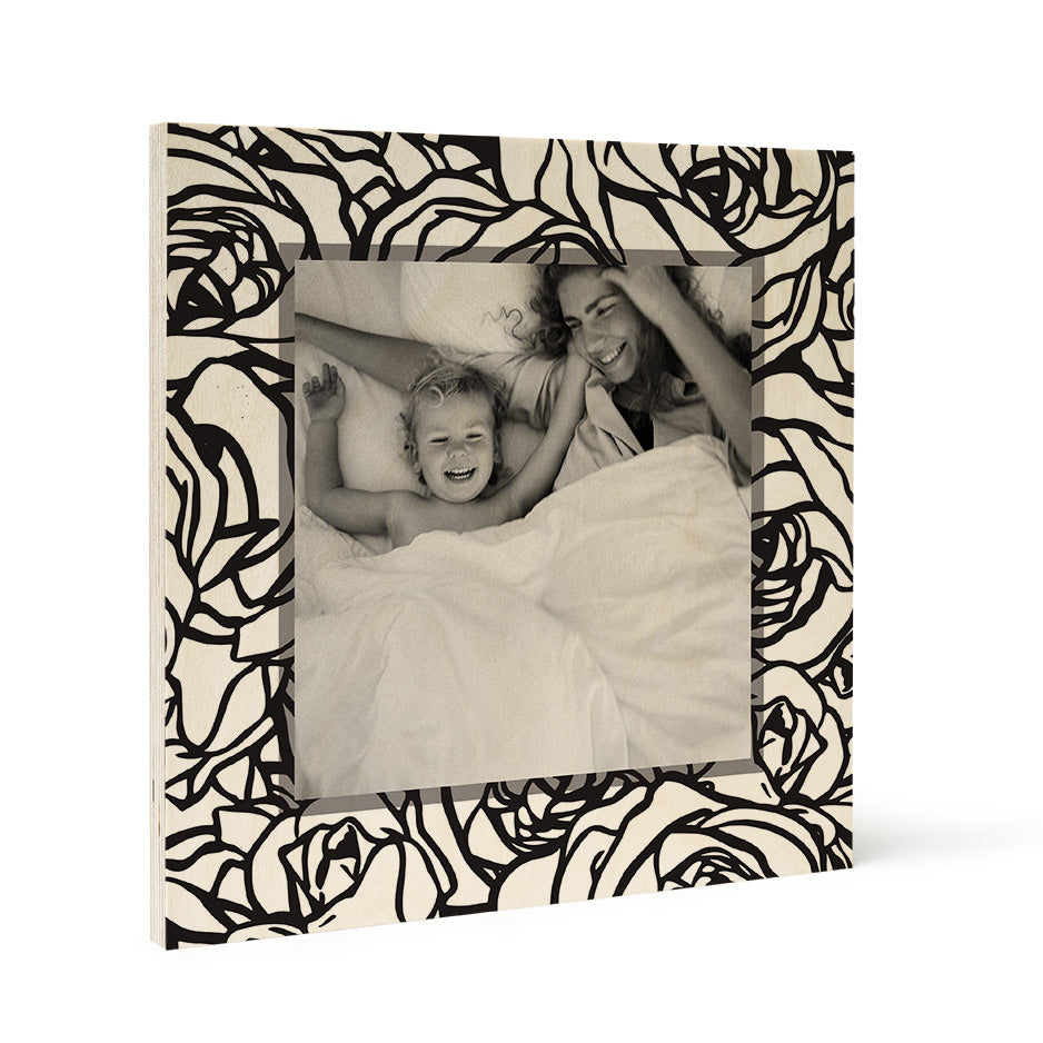 Black and white photograph in a rose frame, Birch Pattern Wood Print design